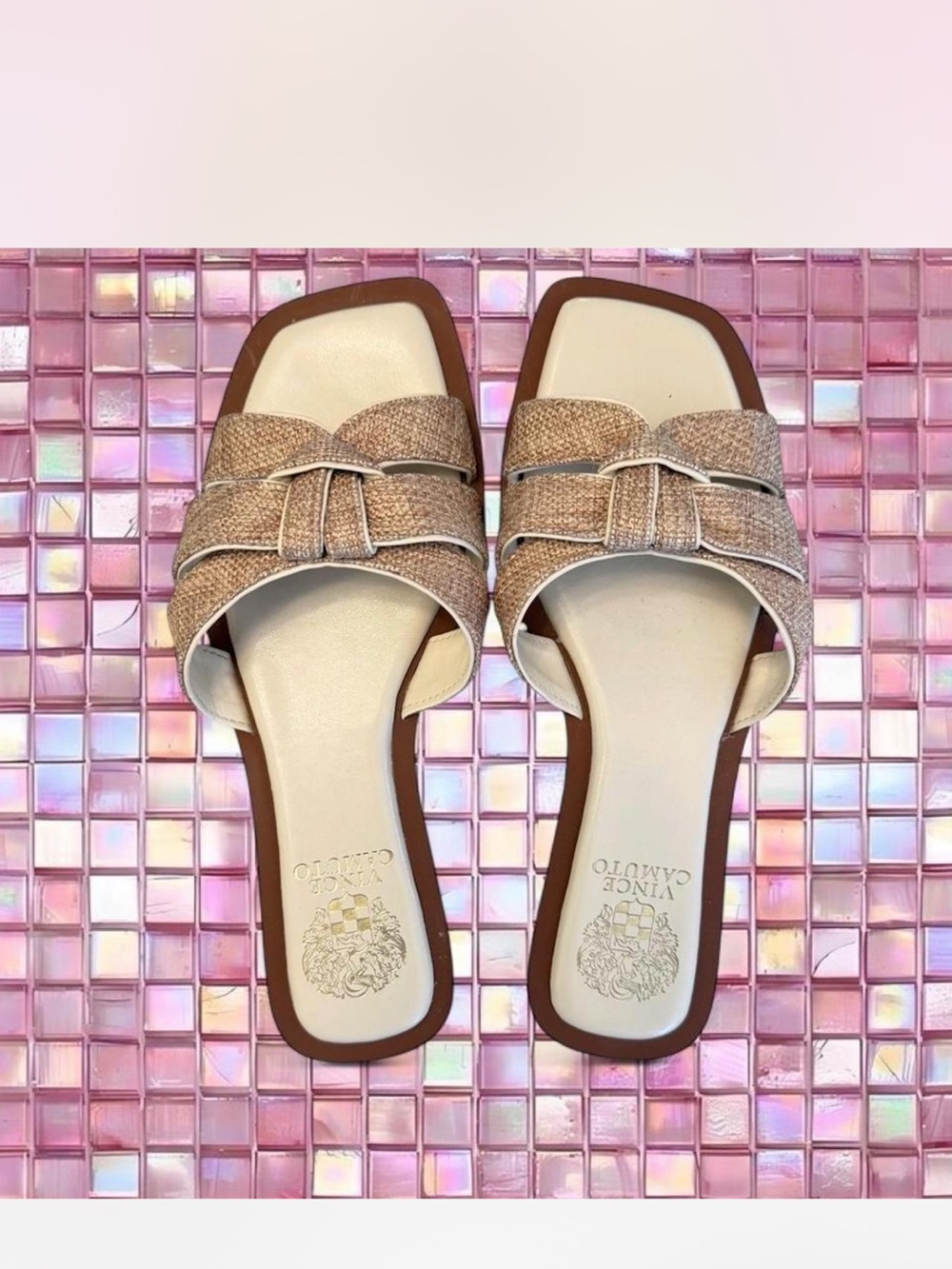 Vince Camuto Beige Woven Knot Slide Sandals